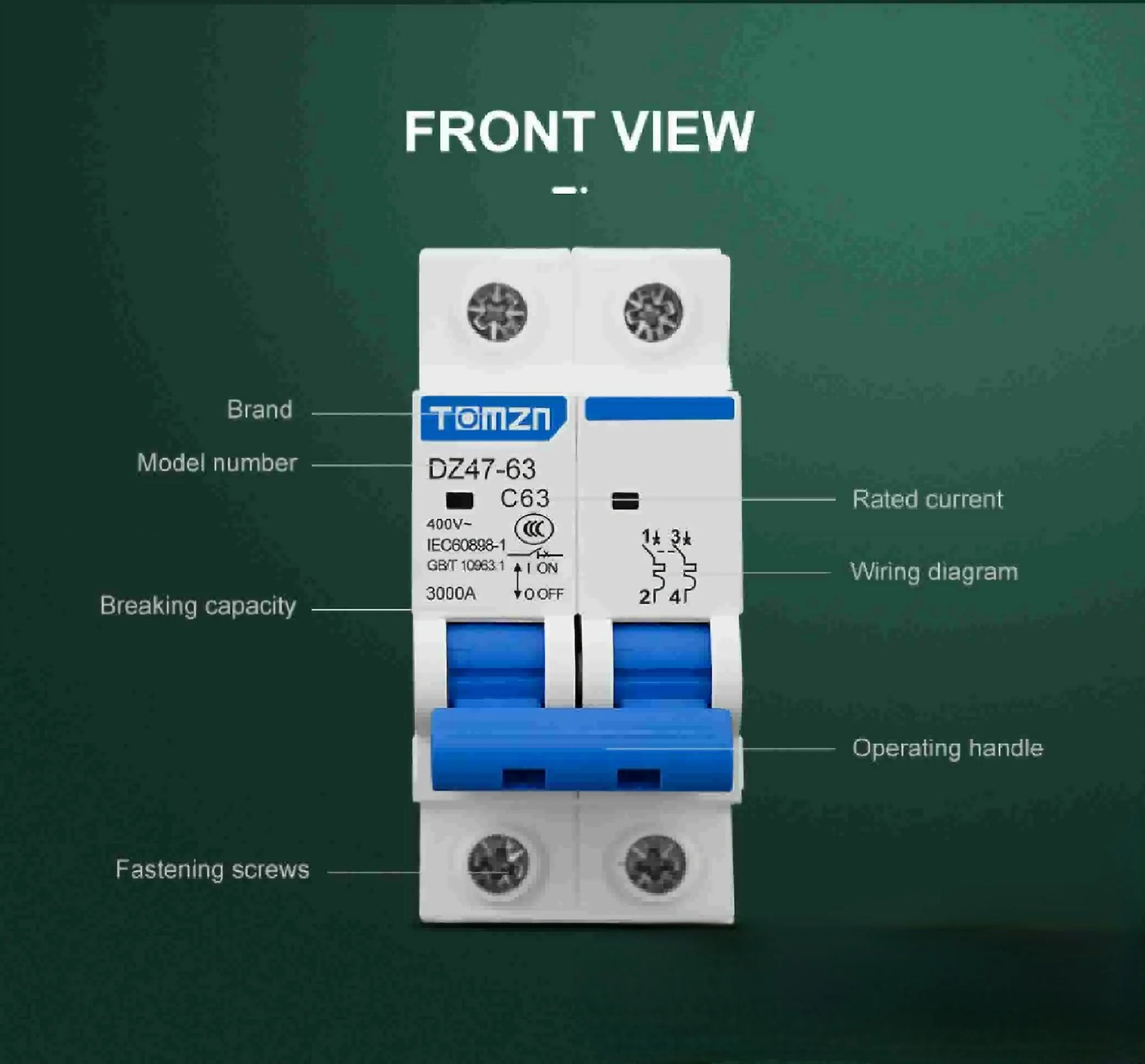 Tomzn 2P AC MCB Circuit breaker C type 230/400V 16A, 20A,32A,40A,63A