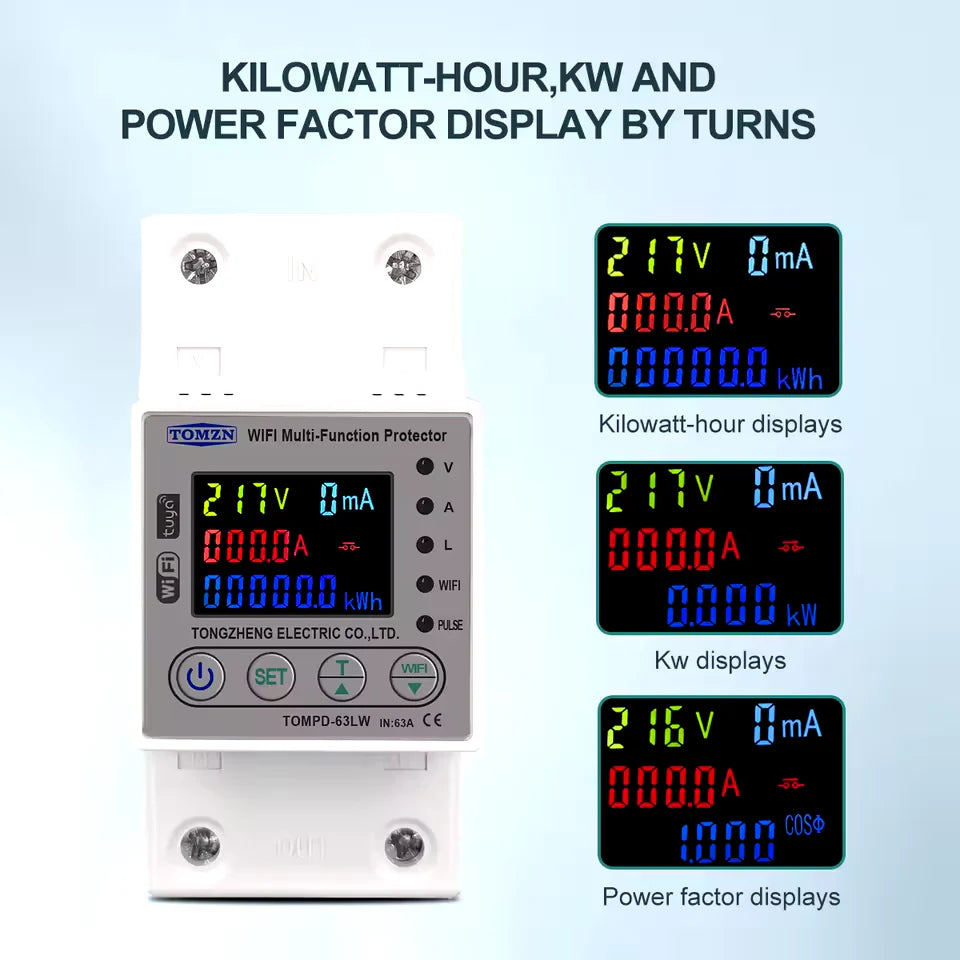 Tomzn All in One TOMPD 63LW 63A WIFI Smart Circuit Breaker with voltage current and leakage protection. Tomzn 10in1 Smart Protector