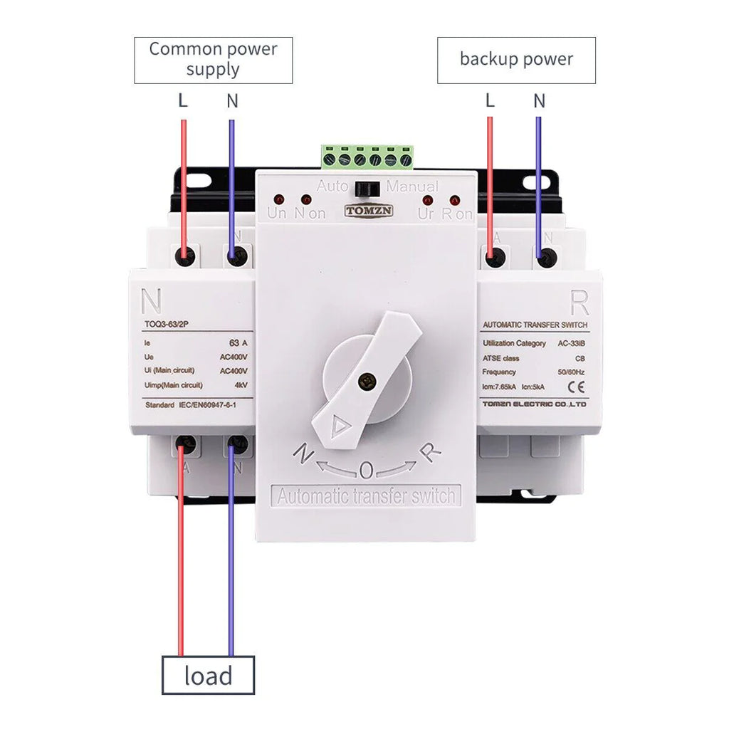 Tomzn TOQ3 2P AC Din Rail 220V Dual Power Automatic Transfer Switch ATS