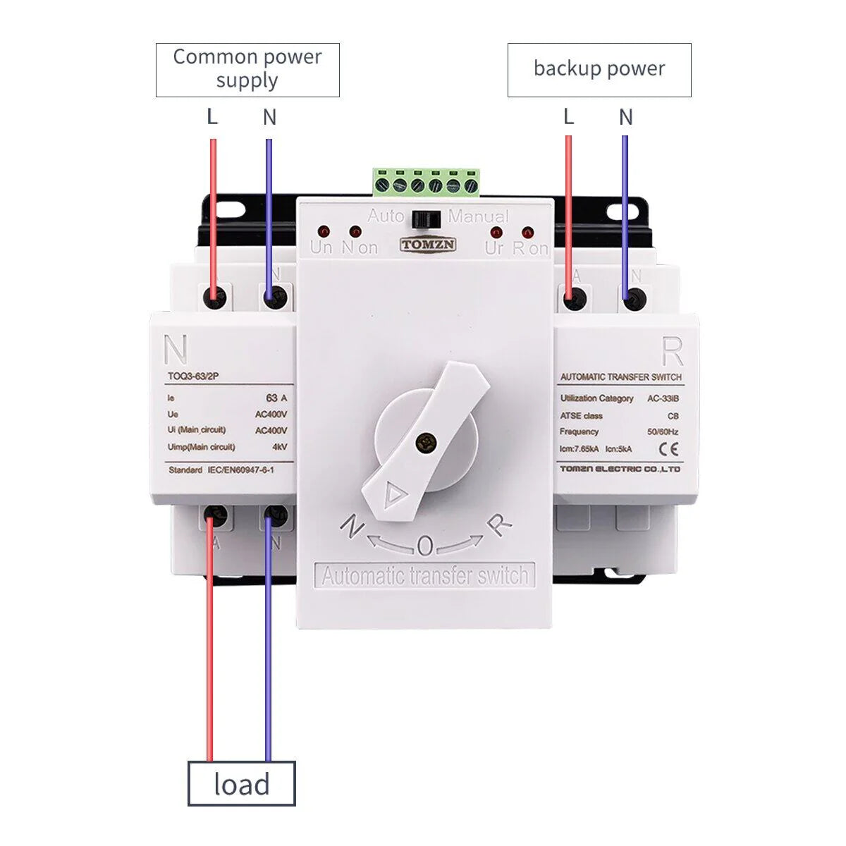 Tomzn TOQ3 2P AC Din Rail 220V Dual Power Automatic Transfer Switch ATS